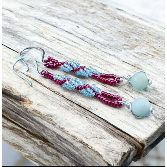 Amazonite Gemstone Spiral Beaded Dangle Earrings, Artisan Boho Chic 3" - Picture 1 of 6